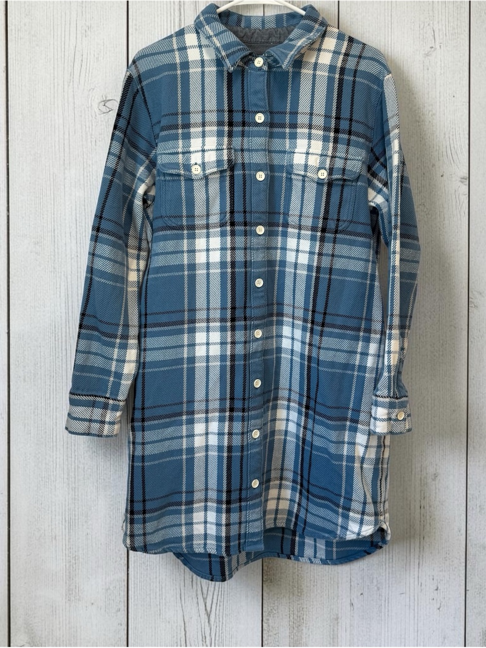OUTERKNOWN Blanket Shirt Dress Blue Plaid Flannel Size XL